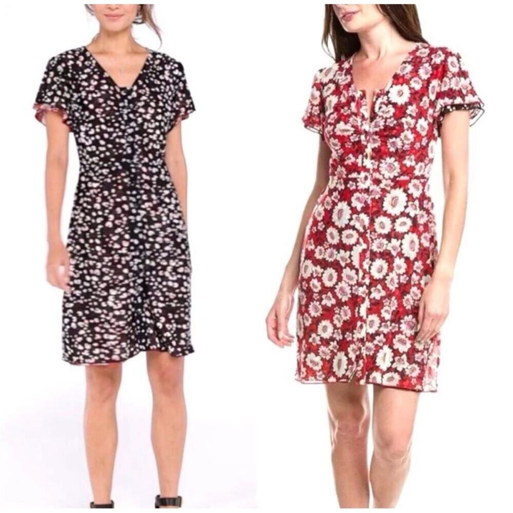 Cabi Gemini red white black reversible floral polka dot dress size Medium #6577